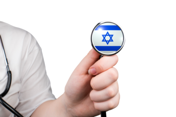 The head of a medical stethoscope in the form of the Israeli flag in a hand (close-up) on a transparent background. Israeli healthcare system concept