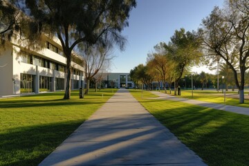 Lush green lawn with a calm pathway leading towards contemporary office structures in early morning light