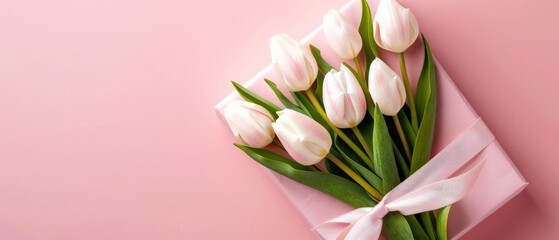 White tulips bouquet with pink ribbon on pink background.