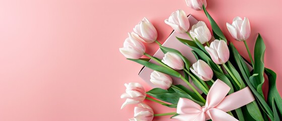 Pink tulips bouquet on a pink background. Mother's Day concept. Top view photo of bouquet of white and pink tulips on isolated pastel pink background 