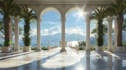 3d render of luxury entrance to palace with columns and arches, marble floor, palm trees, distant...