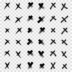 X black mark vector set collection. Cross sign icon from hand brush strokes. Hand drawn doodle scribble crossed brush strokes. Grunge set X. Set black shapes on a isolation transparent background.