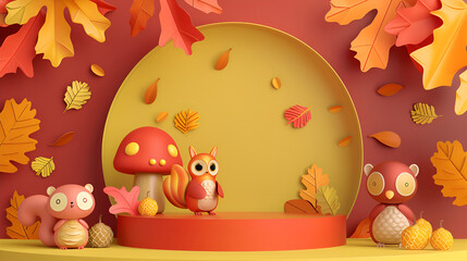Fototapeta premium Podium with a round frame in the glassmorphism style ,3D podium products display background with autumn leaves,mushrooms,animal on the left with copy space