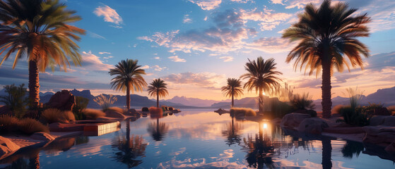 Obraz premium A serene desert oasis with palm trees and a reflecting pool