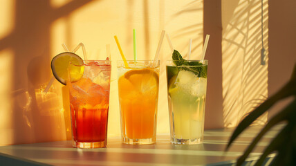 Different types of drinks inspired by the sun.in glasses with straws, ready to serve. standing on a minimalist table in the sunshine-inspired light therapy room.  