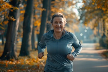 Obraz premium A woman is running in a park with trees in the background