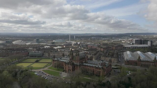 Scotland Glasgow Skyline with famous Glasgow landmarks, The OVO Hydro, SEC Armadillo and Finnieston Crane. butiful city in the UK