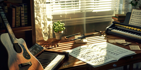 Music Maestro: A cozy desk with a guitar, piano, and sheet music, symbolizing the dedication and artistry of a musician composing and performing soul-stirring melodies