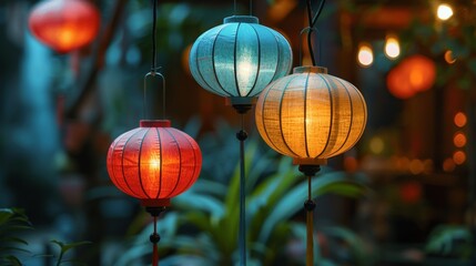 vesak day celebration with colorful lanterns outside, providing a festive atmosphere, with space for text to announce or describe the event