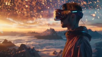 A tech-savvy man, wearing VR headgear, explores the vast landscape of big data in a virtual environment, showcasing