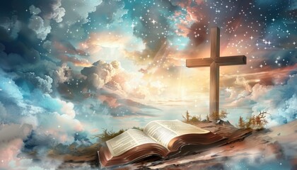 A wooden cross stands tall against a backdrop of vibrant clouds and stars, with an open bible resting in the foreground.