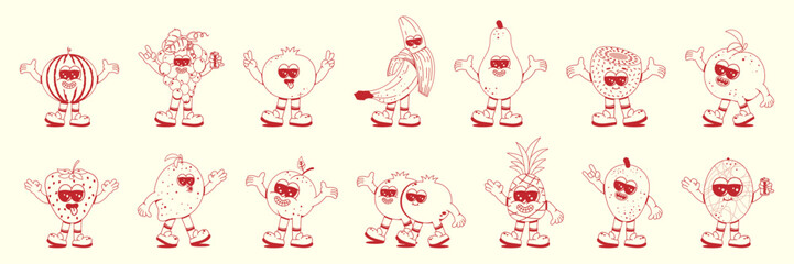 Set of fruit characters in doodle style. Vector illustration of fruit stickers with arms, legs and cute faces in linear vintage style.