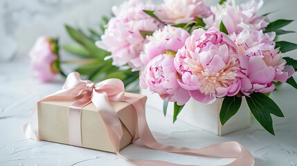 Fresh bouquet of tender pink peonies flowers and gift box with satin bow on white table with a light classic interior design background