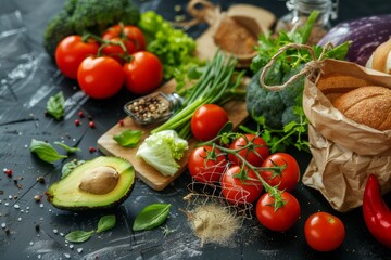 A close-up photo of a variety of fresh vegetables and a loaf of bread on a black table.