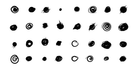 Set of hand drawn doodle circles in a grunge style. Scribble doodle circle and point. Collection black shapes dots and drops. Vector illustration for bullet journal. Isolated white background.