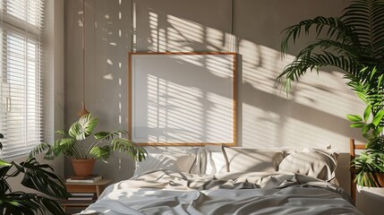 3D rendering, mockup poster frame in a bedroom interior with a bed and window, in a minimalistic Scandinavian style, close up view, neutral colors, high resolution photography