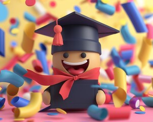 Joyful 3D character in graduation attire holding a diploma amidst colorful confetti, symbolizing celebration and academic achievement.
