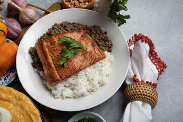 Lentils stew with fried fish and white rice monday meal