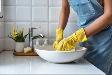 a Caucasian woman wearing rubber gloves, cleaning the white sink with a rag. - Powered by Adobe