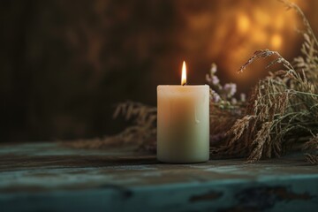 Single lit candle provides a warm ambiance against a blurred autumnal background