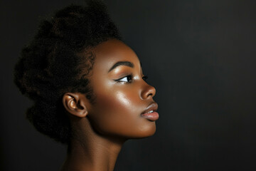 a close-up side view of a pretty young Black woman posing against a black background, capturing her elegant profile. - Powered by Adobe