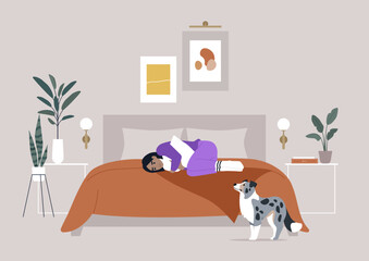 Depression and sadness, A sad person in purple pajamas is curled up on an orange bed, with a worried collie standing nearby, the contemporary room features framed art, plants, and stylish decor