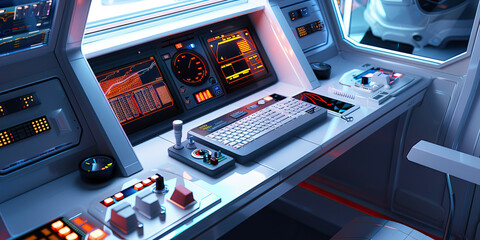 Astronaut's Capsule: A compact desk with space-age controls and equipment, evoking an astronaut's workspace aboard a spacecraft