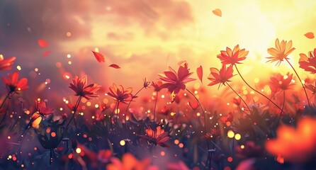 Vibrant Flower Meadow with Floating Petals in Sunlight