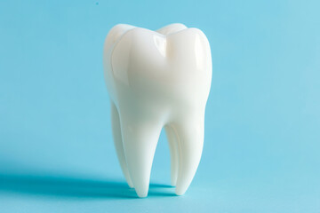 a dental model with a pristine white tooth, set on a blue background. Emphasis on dental anatomy and care