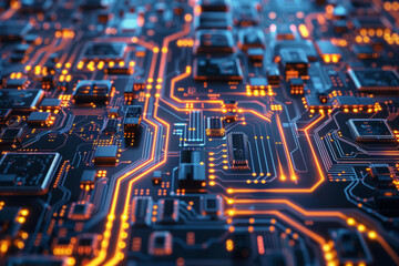 Obraz premium a detailed circuit board background, with interconnected electronic elements and circuits, representing the complexity and advancement of modern technology.