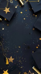 A festive flat lay of graduation caps and diplomas set against a rich green background, sprinkled with gold stars, symbolizing achievement and commencement festivities with copy space for text.