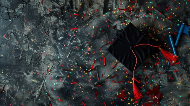 A festive flat lay of graduation caps and diplomas set against a rich green background, sprinkled with gold stars, symbolizing achievement and commencement festivities with copy space for text.