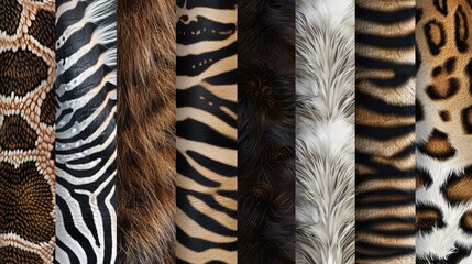 A vibrant assortment of wild animal fur patterns - close-up collection