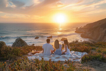 a family enjoying a sunset picnic on a cliff overlooking the ocean, with blankets, food, and a...