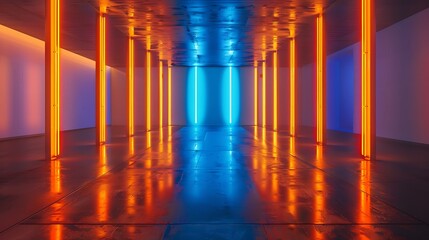 Modern undefined empty abstract interior illuminated by vertical stick blue and orange neon lights on neutral reflective floor and ceiling with background