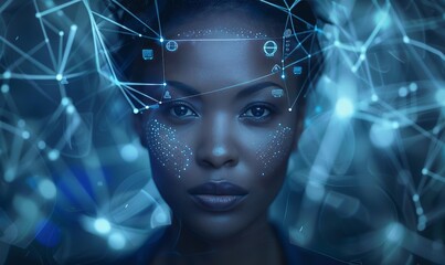 Futuristic Portrait of Woman with Digital Network Overlay