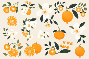 A hand-drawn of vibrant orange fruits, leaves, flower pattern for poster, print, card, textile.