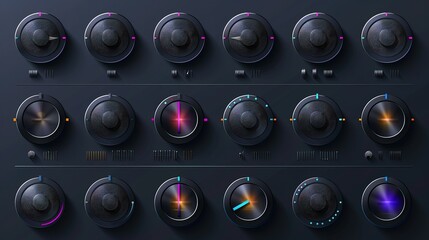 Futuristic control knobs with neon indicators on a dark background