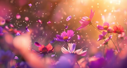 Magical Flower Meadow with Floating Petals at Sunset