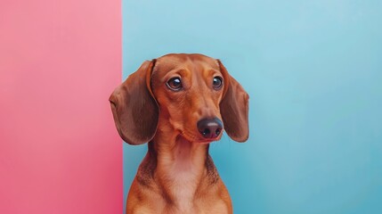 Orange Dachshund dog on blue and pink background