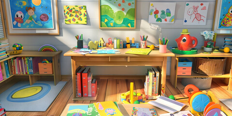 Teacher's Classroom: A modest desk surrounded by student artwork, books, and educational toys, symbolizing a teacher at their workstation in a primary school.