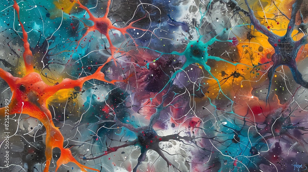 Poster vibrant neural network art with colorful abstract design, representing a complex web of interconnect