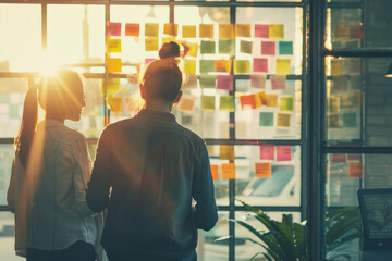 a group of colleagues brainstorming ideas in a bright, modern office, highlighting teamwork and innovation.
