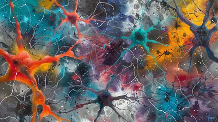 Naklejka premium Vibrant neural network art with colorful abstract design, representing a complex web of interconnecting neurons against a grey backdrop.