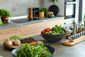 a healthy vegan meal preparation in a modern kitchen