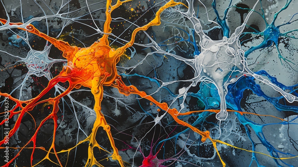 Poster abstract artistic depiction of interconnected neural networks in vibrant colors, showcasing complexi