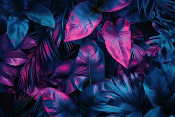 A colorful image of leaves with a blue and pink hue