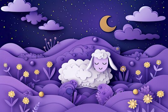 Purple Greeting card with cute sheep and crescent on night background 