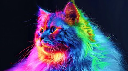 Persian cat in abstract style, highlight graphic, ultra bright neon art, commercial, advertising, editorial, surreal. Isolated on dark background.