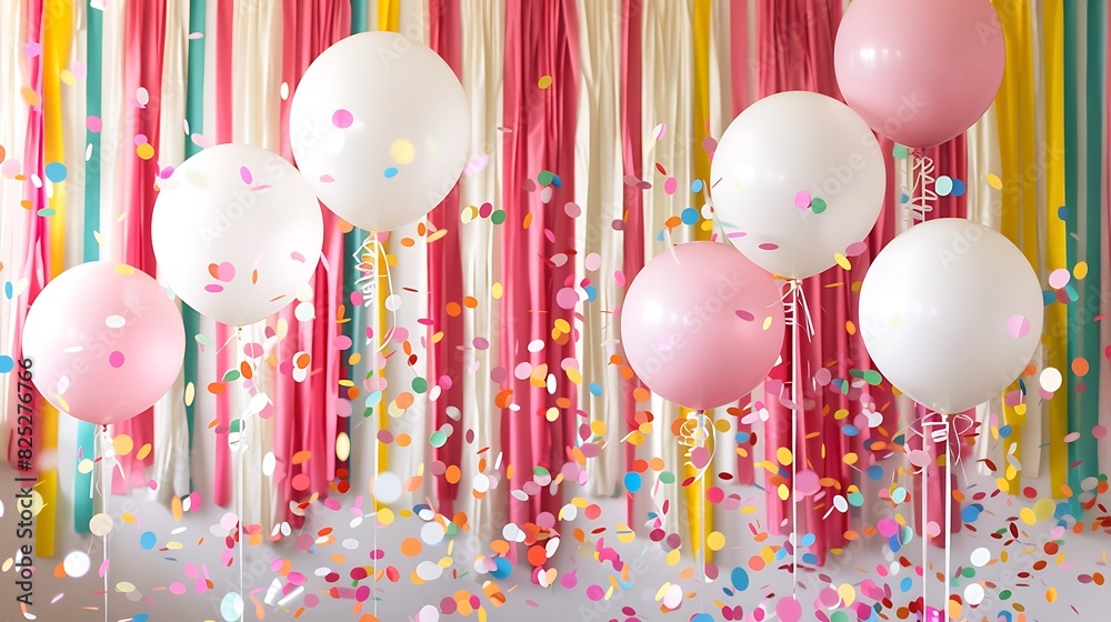 Wall mural party decor with fringe paper balloons poms and confetti